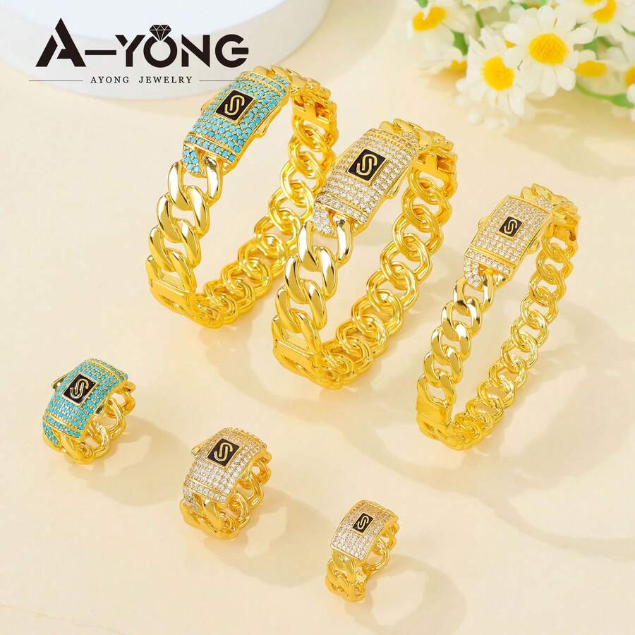 Italian Zirconia Hip Hop Jewelry Set 21k Gold Plated Arabici Fashion Cuff Bangles Rings Middle East Muslim Women Vintage Punk Jewelrys