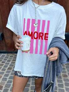 Women's Loose-Fitting T-Shirt With A Round Neck And Exquisite Print. Soft And Breathable Fabric, Comfortable To Wear, And Short Sleeves. Casual And Relaxed Fit, Versatile Style. Made From High-Quality 100% Pure Cotton (200 G). - 彩色 - 查看 7
