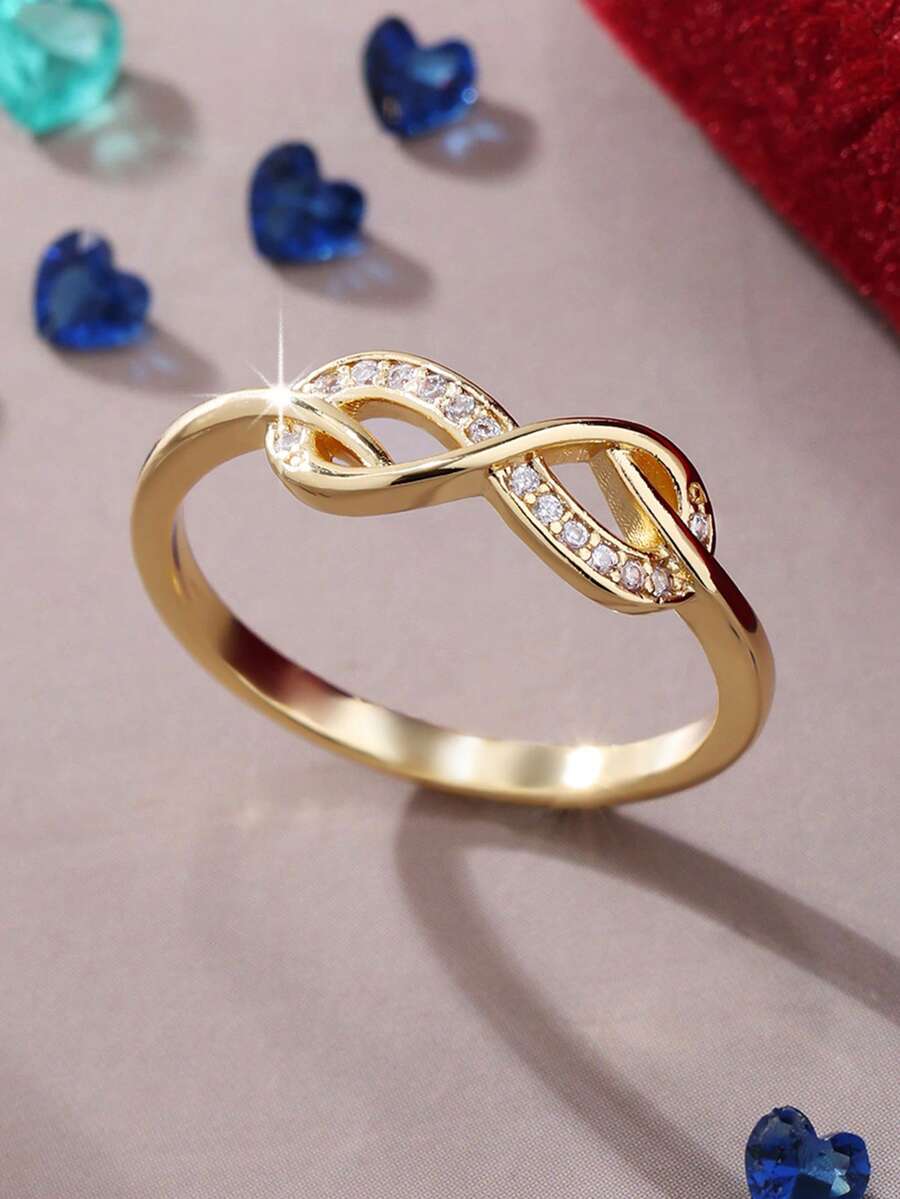 1PC Elegant Infinity Loop Ring With Synthetic Zirconia Inlay, Suitable For Lovers, Anniversary Gift, Valentine's Day Gift - Yellow Gold - View 1