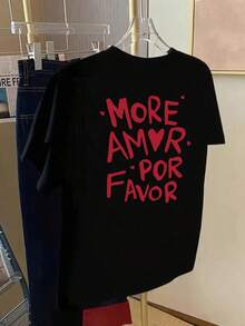 Short-Sleeved T-Shirt With Front And Back Print - More Love, Please Love The  Print - Women's T-Shirt With A Modern Print For Spring/Summer, A Fashionable Item. Elegant Party Outfit, T-Shirt For Elegant Ladies, Blouses Suitable For Curvy Women, Prom Skirts, Casual Wear - 黑色 - 查看 4