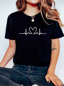 1 Piece Of Sports T-Shirt With Heart Print And Round Neck, Casual Short Sleeve T-Shirt, Suitable For Spring, Summer, Sports, Weekends And Other Occasions, Women's Clothing, 180g 100% Cotton. - 黑色 - 查看 1