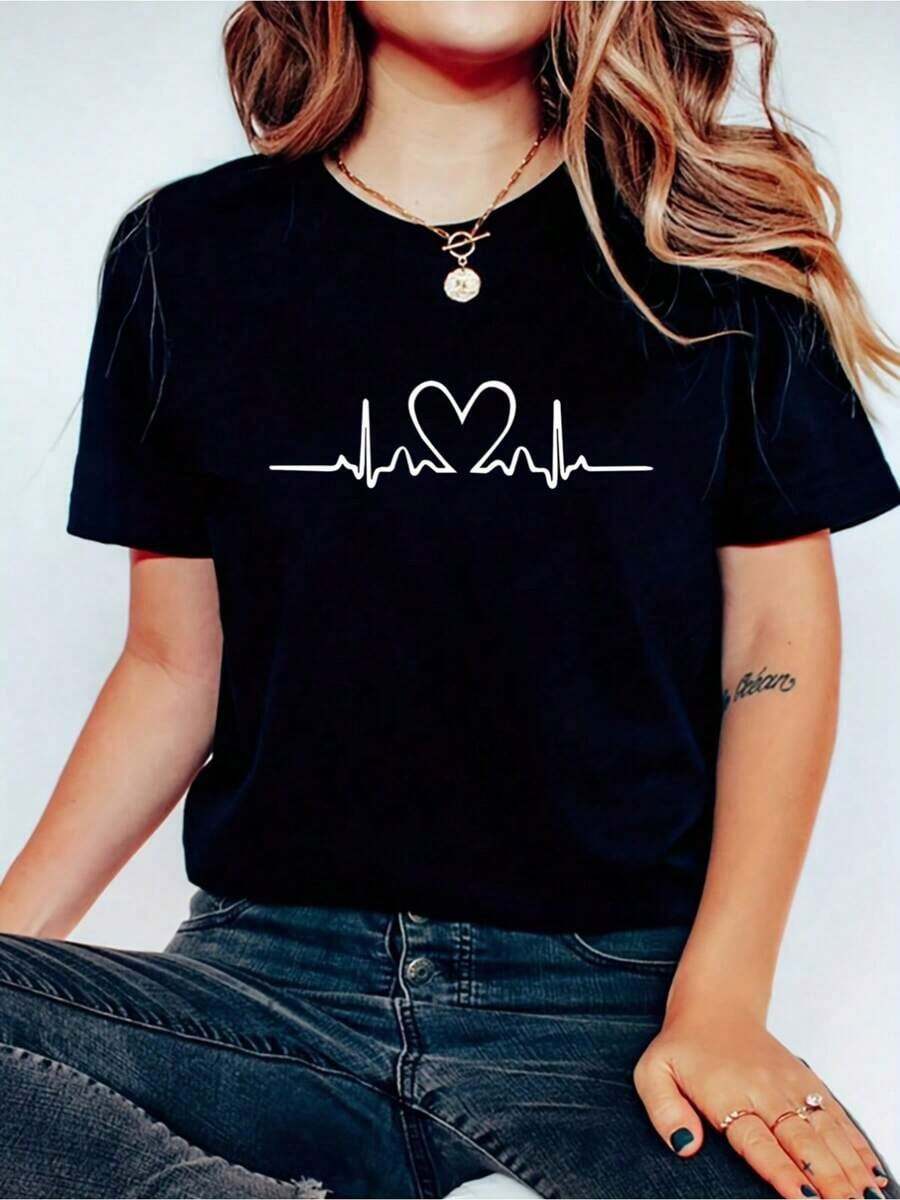 1 Piece Of Sports T-Shirt With Heart Print And Round Neck, Casual Short Sleeve T-Shirt, Suitable For Spring, Summer, Sports, Weekends And Other Occasions, Women's Clothing, 180g 100% Cotton. - 黑色 - 查看 1