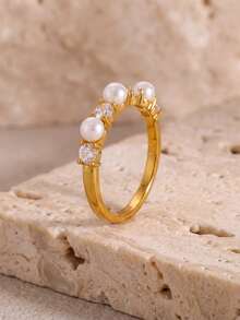 1 pieza Anillo elegante alternado de perla y circonita, joyería francesa apilable para novia y invitados, apto para uso diario - Multicolor - Ver 1