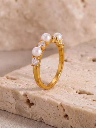 1 pieza Anillo elegante alternado de perla y circonita, joyería francesa apilable para novia y invitados, apto para uso diario