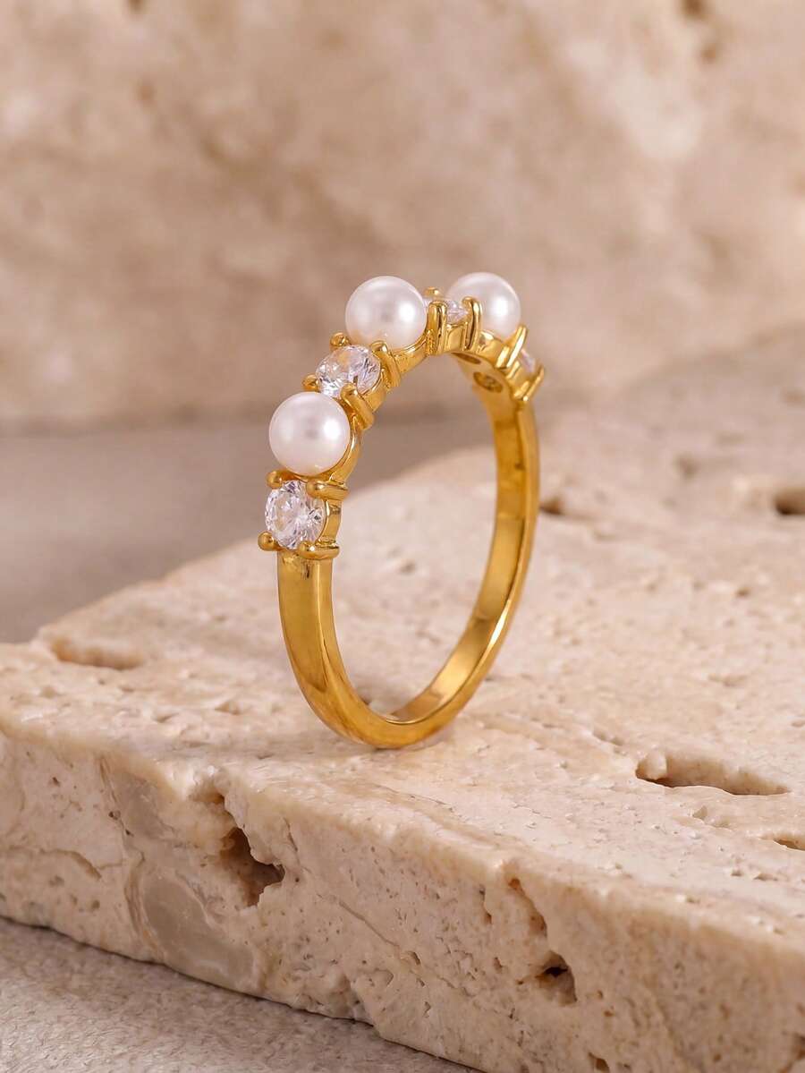 1 pieza Anillo elegante alternado de perla y circonita, joyería francesa apilable para novia y invitados, apto para uso diario - Multicolor - Ver 1