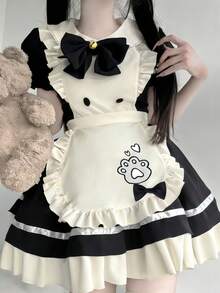 1PC Japanese Anime Lolita Cute Soft Girl Cat Maid Restaurant Dress Costume Black Fall - Black - View 3