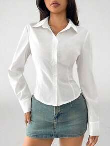 Camisa básica de manga larga informal con cintura recogida - Blanco - Ver 9