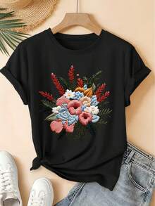 Spring/Summer 2026, New Women's Short Sleeve Crew Neck T-Shirt With Faux Embroidered Floral Print, Vintage Distressed Style, Casual Top, 100% Pure Cotton, High-Quality Women's Clothing. | Fun And Original Design | Suitable For Everyday Wear In Spring, Summer, And Autumn. | Fun And Youthful Top - 黑色 - 查看 1