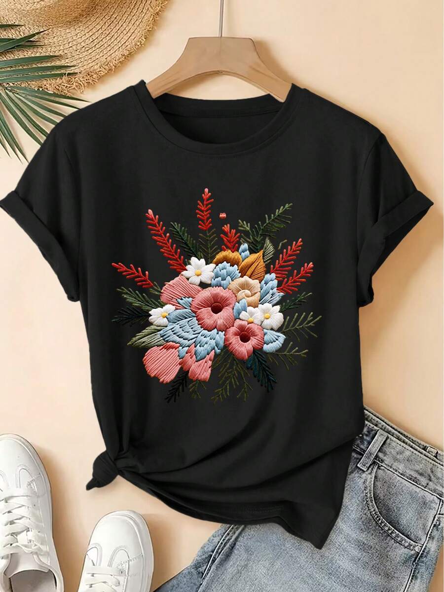 Spring/Summer 2026, New Women's Short Sleeve Crew Neck T-Shirt With Faux Embroidered Floral Print, Vintage Distressed Style, Casual Top, 100% Pure Cotton, High-Quality Women's Clothing. | Fun And Original Design | Suitable For Everyday Wear In Spring, Summer, And Autumn. | Fun And Youthful Top - 黑色 - 查看 1