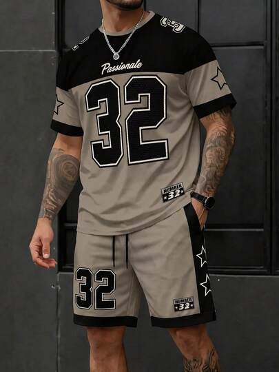  Conjunto de 2 piezas Fractyr Hombre "32" Número y Estrella Estampado Camiseta Jersey y Pantalones Cortos, Suave Toque Negro y Beige Ropa Deportiva Urbana, Conjunto Casual de Verano a Juego