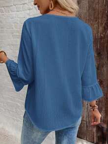 Camisa de mujer de unicolor, minimalista y casual de cuello redondo y manga larga - Azul - Ver 2