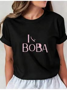Premium Pink Short-Sleeved T-Shirt For Women, Featuring A Heart And Love Letter Print, Ideal For Casual Summer Wear, Round Neck, Machine Washable, Suitable For Home Office And Casual Outfits, Youthful Round Neck T-Shirt, Comfortable Women's Clothing, . - 黑色 - 查看 1