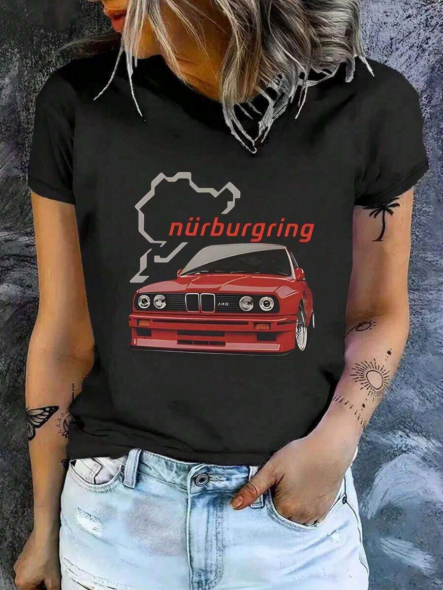 Women's Short-Sleeved, Slim-Fit, Casual Printed Cotton T-Shirt Featuring A Striking Nürburgring Race Car Print. Soft And Comfortable, Perfect For Everyday Wear And A Versatile Garment. . - 黑色 - 查看 1