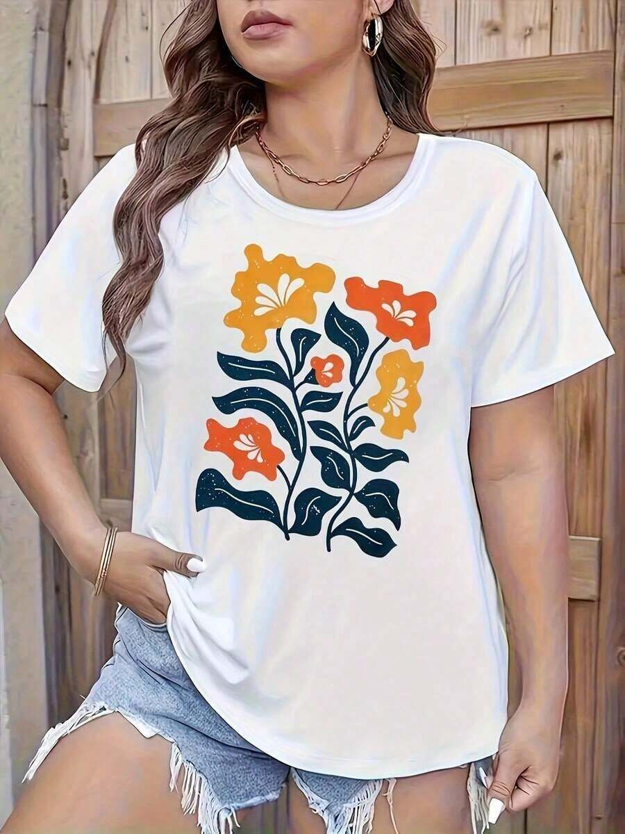 Camisa Estampada con Flores para Mujer, Camisa Casual Estampada, Cuello Redondo, Manga Corta, Camiseta, Ropa de Mujerblusas para mujer>ropa - Blanco - Ver 1