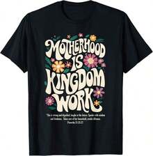 Vintage Floral Graphic Print Summer T-Shirts, "Motherhood Is Kingdom Work, Mama" T-Shirt For Mother's Day, Women's Summer T-Shirts, Women's Cotton T-Shirts, Everyday Summer Wear - 黑色 - 查看 8