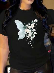 Women's Cotton T-Shirts With Butterfly And Flower Print - Loose Fit, Short Sleeve, Round Neck, Casual Summer Top With Chain Bag, Casual Summer Clothing, Floral Print T-Shirt, Cartoon Print Top, Basic Women's Blouses. - 黑色 - 查看 1