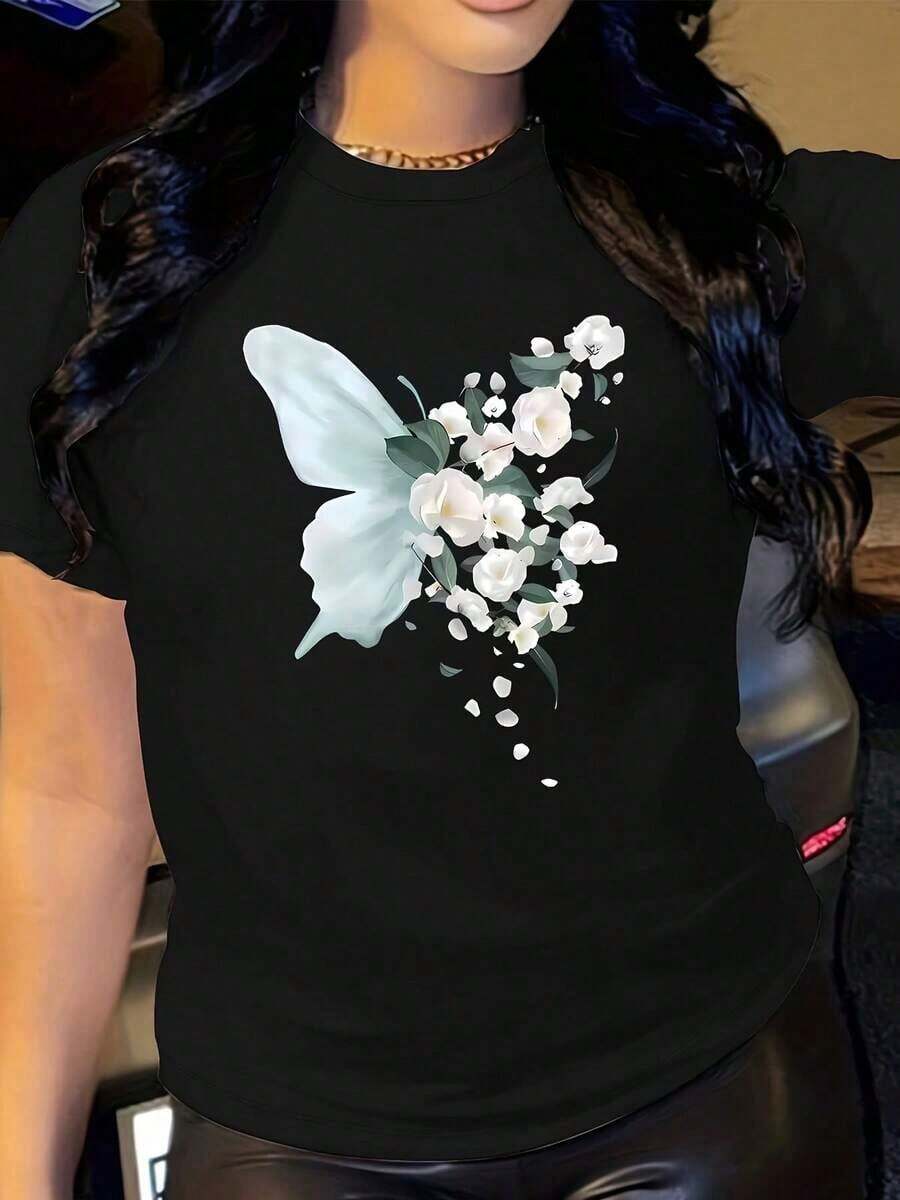 Women's Cotton T-Shirts With Butterfly And Flower Print - Loose Fit, Short Sleeve, Round Neck, Casual Summer Top With Chain Bag, Casual Summer Clothing, Floral Print T-Shirt, Cartoon Print Top, Basic Women's Blouses. - 黑色 - 查看 1