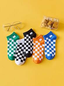 1 par/5 pares/10 pares de nuevos calcetines de tobillo con patrón de tablero de ajedrez de colores, calcetines invisibles juveniles y enérgicos - Multicolor - Ver 3
