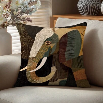 1 pieza Funda de cojín decorativa de elefante vintage, impresa por un solo lado en terciopelo de poliéster, 45*45CM/18*18 pulgadas, adecuada para decoración de habitación, decoración minimalista moderna de sala de estar, regalo