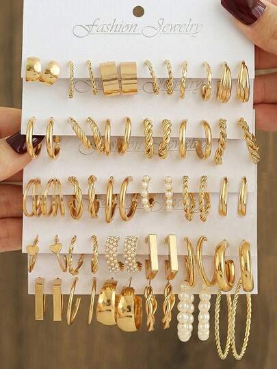 30/24/18/12/6 Pairs Fashionable Golden Women's Earrings Set, Faux Pearl & Geometric Heart Square Studs, Vintage Resort Style Jewelry, Suitable For Ice & Casual Wear, Ideal Gift For Her, High Cost-Performance Jewelry