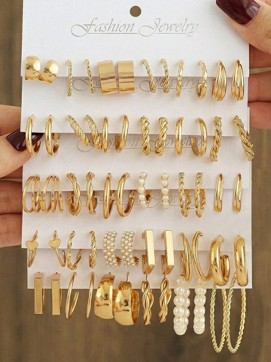 30-6 Pairs Fashion Gold Earrings Set, Faux Pearl And Geometric Heart Square Stud Earrings, Daily Wear, Ideal Gift For Her