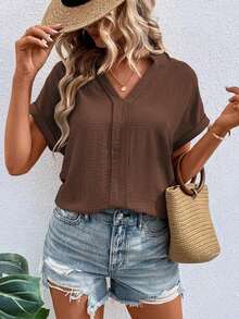 Blusa de mujer de unicolor y cuello en V minimalista de manga corta - Café integral - Ver 5