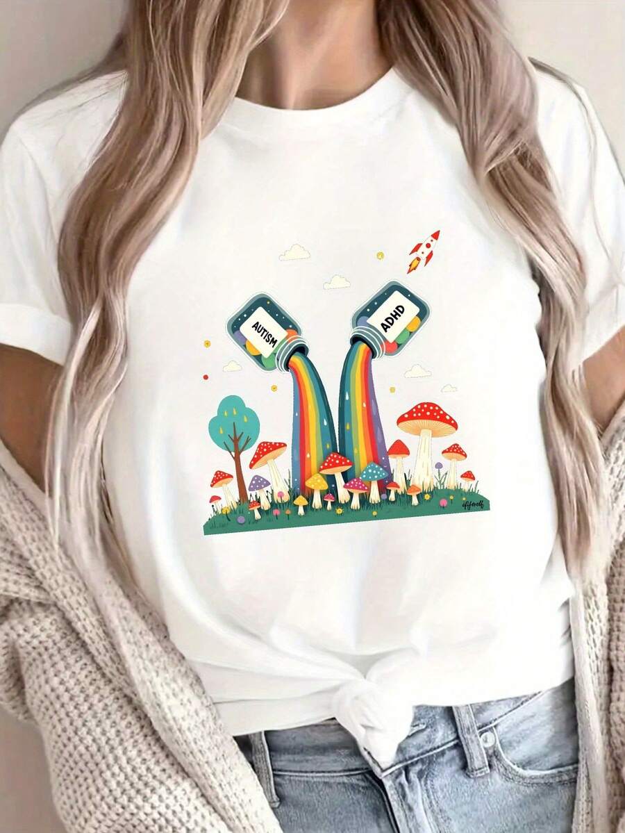 Short-Sleeved, Round-Neck T-Shirt With Fantastic Prints, Including Themes Such As Autism, ADHD, Rainbows And Mushrooms, Perfect For Casual Wear In Spring And Summer, Specially Designed For Women. - 白色 - 查看 1