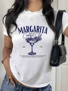 100% Cotton Margarita Cocktail Glass With Lemons And Text Evoking The Freshness And Spirit Of Gatherings Among Friends. Women's 100% Cotton T-Shirt, Comfortable And Modern. Women's Simple Solid Color T-Shirt, Loose And Slim Fit Casual Short Sleeve - 白色的 - 查看 9