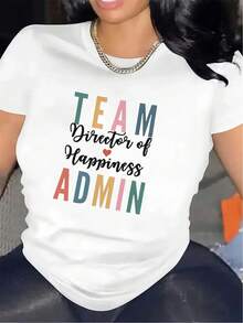 Camiseta de manga corta de poliéster, diseñada específicamente para uso en restaurantes, cómoda y duradera, con el diseño impreso "Director del Equipo de Gestión de la Felicidad", adecuada para uso casual, de tela suave, elegante y ligera, ideal para el uso diario. - Blanco - Ver 1