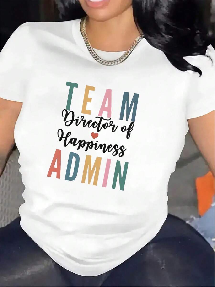 Camiseta de manga corta de poliéster, diseñada específicamente para uso en restaurantes, cómoda y duradera, con el diseño impreso "Director del Equipo de Gestión de la Felicidad", adecuada para uso casual, de tela suave, elegante y ligera, ideal para el uso diario. - Blanco - Ver 1