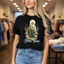 Women's Cotton T-Shirt "Tadeo" With Religious Print, Short Sleeve, Round Neck, Loose Fit, Various Sizes, Ideal For Everyday Wear And Faith-Inspired Style, Soft And Breathable Fabric, ColorSoft - 黑色 - 查看 7