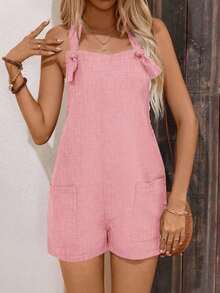 Linen Blend Women's Solid Color Dual Pocket Twist Knot Romper - Marrón 3 - Ver 10
