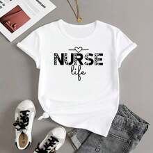Women's Graphic Nurse T-Shirt, Cotton, Short Sleeve, Round Neck, Leopard Print And Lettering, Casual Loose Fit, For Maternity Work, Sizes M-5XL, Soft. - trắng - Xem 1