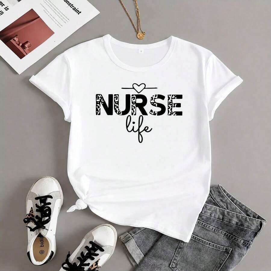 Women's Graphic Nurse T-Shirt, Cotton, Short Sleeve, Round Neck, Leopard Print And Lettering, Casual Loose Fit, For Maternity Work, Sizes M-5XL, Soft. - trắng - Xem 1