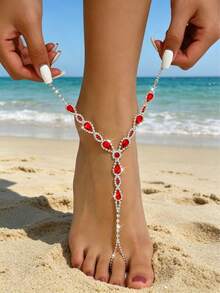 1pc Rhinestone Barefoot Sandal Foot Chain, Crystal Water Drop Connected Toe Anklet, Copper Material Foot Jewelry, Suitable For Bride Wedding, Beach Party - Red - View 5