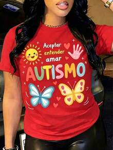 Gift Comfortable Graphic Shirts For Women That Promote Autism Awareness In Spanish 100% Cotton Soft - Rojo - View 1