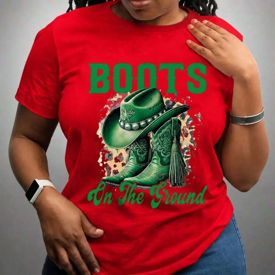 GiftWomen Women's Cotton T-Shirt, Sizes M-5XL, Western Cowboy Boots And Hat Graphic Print, Casual Loose Fit Short Sleeve Green Letter Print T-Shirt For Everyday Wear, Comfortable And Soft Clothing - 紅色 - 查看 1