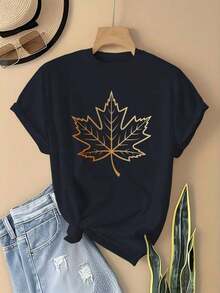 Women's Premium Comfortable Everyday T-Shirt - Simple Gold Maple Leaf Pattern T-Shirt, White With Gold Details - Basic Everyday Top, Suitable For Autumn And Year-Round Wear - Casual Essential For Everyday Wear, Seasonal Fashion, Geometric Pattern T-Shirt, Comfortable Fit, Versatile Garment, Simple Design, Lightweight T-Shirt, Printed T-Shirt, Loose Fit Short Sleeve Cotton T-Shirt For Fashion Lovers, Gift Idea - 黑色 - 查看 7