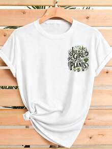 Women's Short Sleeve T-Shirt 2026 "Only Someone Who Loves Plants" Double-Sided Green Plant Art Style Print, Stylish And Versatile For Spring, Summer And Autumn, Casual And Sporty Style, Round Neck T-Shirt, Short Sleeve, Soft And Comfortable, Available In Size S - 白色 - 查看 2