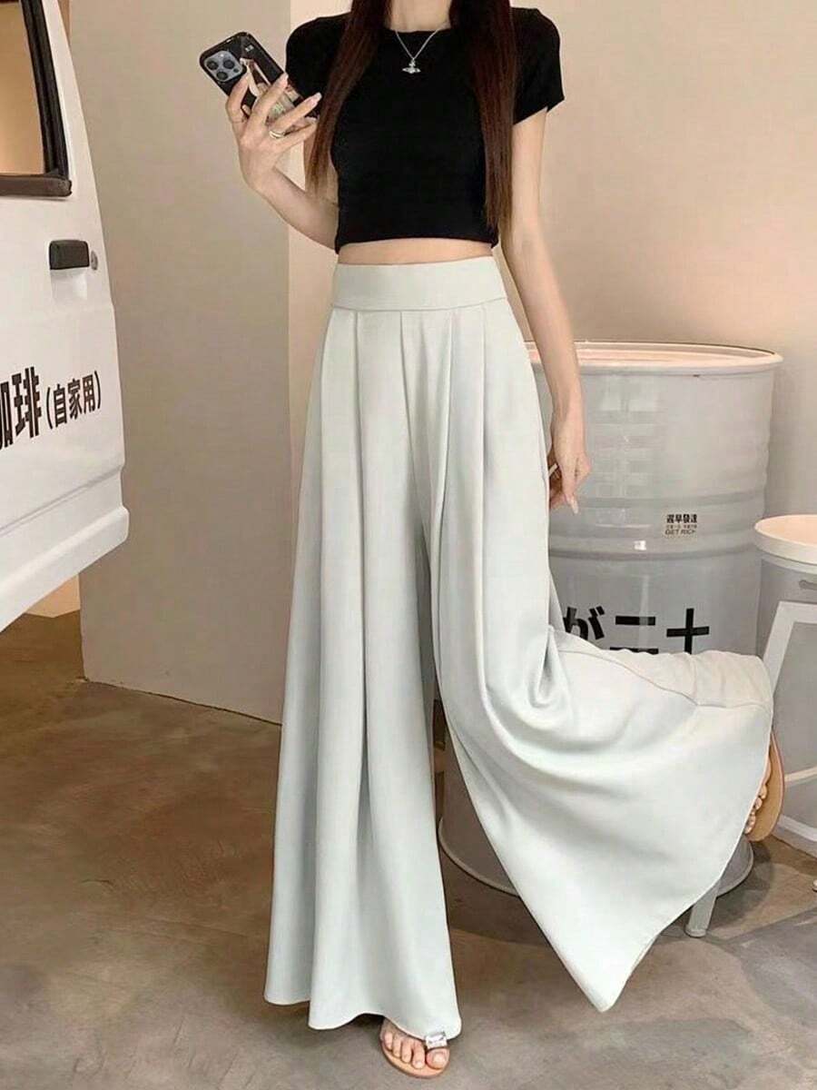 Pantalones de pierna ancha de mujer plisados de talle alto drapeados slim pantalones de traje casual - Azul - Ver 1