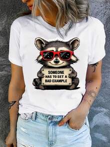 Raccoon Print, Bad Example, Women's Casual Short Sleeve T-Shirt, Comfortable Fit, Sister Sets, Outdoor Travel Essential, Women's T-Shirt, Spring/Summer T-Shirt. - 黑色 - 查看 6