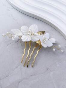 1pc Handmade Ceramic Flower & Leaf Faux Pearl Beaded Elegant Hair Comb, Suitable For Wedding, Daily Wear, Vacation - Gold - View 5