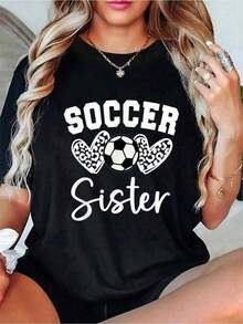 1 Piece Matching Soccer Jersey For Sisters, Casual Short Sleeve T-Shirt - Short Sleeve, Casual, Breathable, Comfortable, Essential For Summer And Spring - Women's Clothing, Graphic Print T-Shirt For T-Shirt Lovers, 180g 100% Cotton - 黑色 - 查看 6