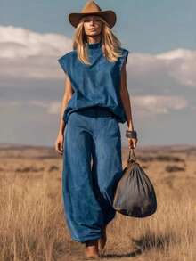 New Women's Fashion Outfit, Western Style, Sleeveless, Suede, Wide-Leg Pants With Tapered Hem, Flattering, Comfortable, Perfect For Autumn Looks, Theme Parties And Stylish Everyday Wear - 深藍色 - 查看 8