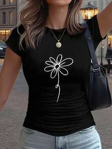 Simple Lines And A Daisy Print In A Fresh And Natural Style - Y2K Style - Women's Casual Fashion Sports T-Shirt, Petite Size, Slim Fit, Solid Color, With Detailed Pleats At The Waist, Pullover Round Neck, Short Sleeves, Suitable For All Four Seasons. - 黑色 - 查看 12