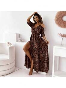 Women's Red Dress With V-Neck, Off-The-Shoulder Lacing, Three-Quarter Sleeves, High Side Slit, Gathered Waist, Flowing Chiffon Fabric, Elegant And Sexy Style Ideal For Summer Vacations, Beach Parties And Formal Evening Events - 棕色 - 查看 1