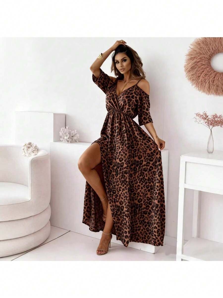 Women's Red Dress With V-Neck, Off-The-Shoulder Lacing, Three-Quarter Sleeves, High Side Slit, Gathered Waist, Flowing Chiffon Fabric, Elegant And Sexy Style Ideal For Summer Vacations, Beach Parties And Formal Evening Events - 棕色 - 查看 1