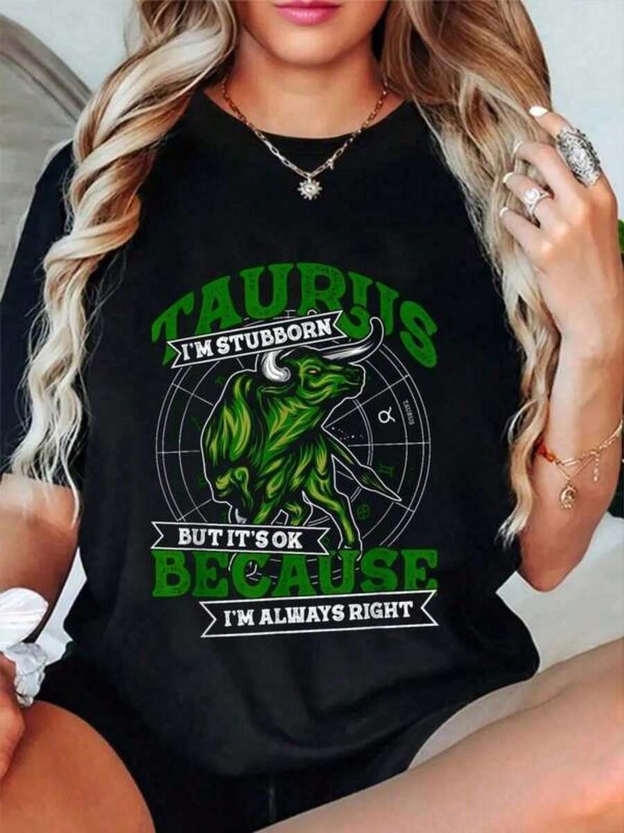 Plus Size T-Shirt, Casual Printed T-Shirt For Women, With "Taurus Bull" Print With Humorous Phrases, Unisex T-Shirt For Women And Men, Suitable For All Seasons, T-Shirt For Daily Wear, Perfect Gift, Fashion Choice. - 黑色 - 查看 1