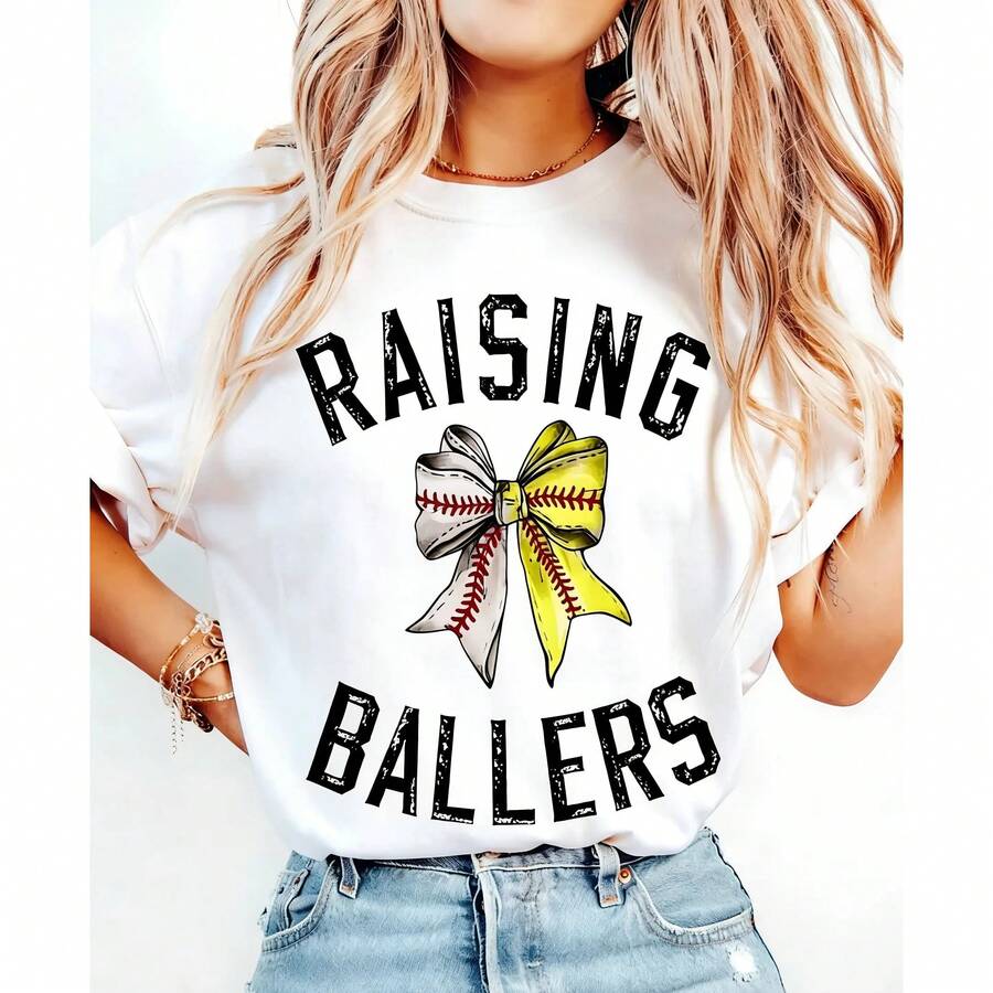 Women's Premium Printed Summer T-Shirt, Baseball And Softball T-Shirt For Mom, Baseball Player Mom T-Shirt, Baseball Season T-Shirt, Softball Mom T-Shirt, Game Day T-Shirt, Special Birthday Gift For Baseball Lovers. Breathable Pure Cotton, Suitable For Daily Wear And Outdoor Sports. Versatile Design. - 白色 - 查看 1
