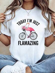 Simple And Versatile Design: Fun Decal With A Flamingo Riding A Vintage Bicycle, Graphic Print "HELLO, TODAY I'M SIMPLY FLAMAZING", Women's Cotton T-Shirt, Modern And Casual, Round Neck, Ideal For Spring-Summer, Suitable For Daily Wear, Shopping, Parties, Commuting, Versatile And Stylish. - 白色 - 查看 1